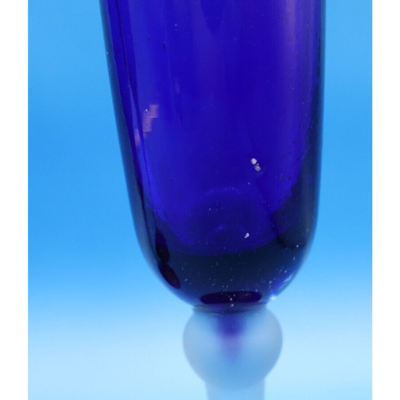 Set Of 3 Cobalt Blue Fluted Glass with Flat Rim Frosted Stem Art Decor. - Picture 7 of 11